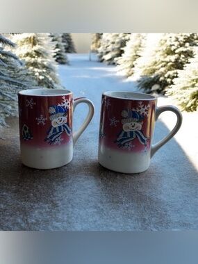 Set of 2 Holiday Joy Snowman Snowflake Birdhouse Winter Christmas Ceramic Mugs